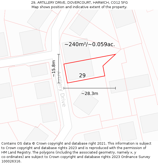 29, ARTILLERY DRIVE, DOVERCOURT, HARWICH, CO12 5FG: Plot and title map