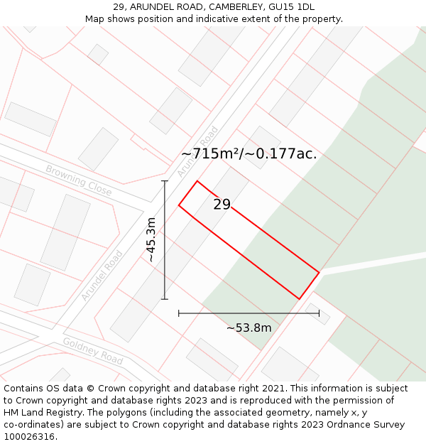 29, ARUNDEL ROAD, CAMBERLEY, GU15 1DL: Plot and title map