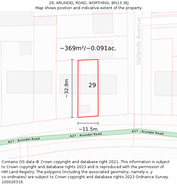 29, ARUNDEL ROAD, WORTHING, BN13 3EJ: Plot and title map