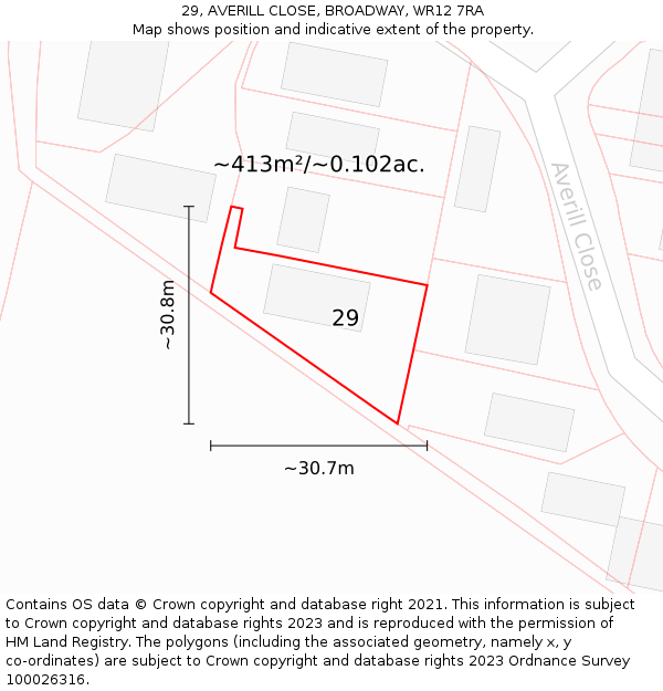 29, AVERILL CLOSE, BROADWAY, WR12 7RA: Plot and title map