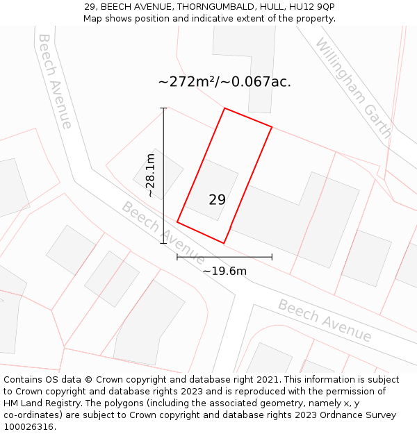 29, BEECH AVENUE, THORNGUMBALD, HULL, HU12 9QP: Plot and title map