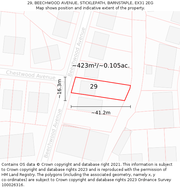 29, BEECHWOOD AVENUE, STICKLEPATH, BARNSTAPLE, EX31 2EG: Plot and title map
