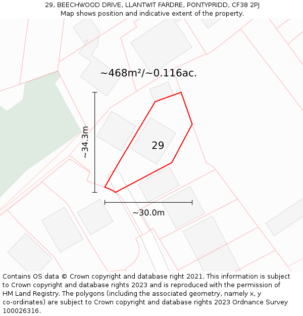 29, BEECHWOOD DRIVE, LLANTWIT FARDRE, PONTYPRIDD, CF38 2PJ: Plot and title map