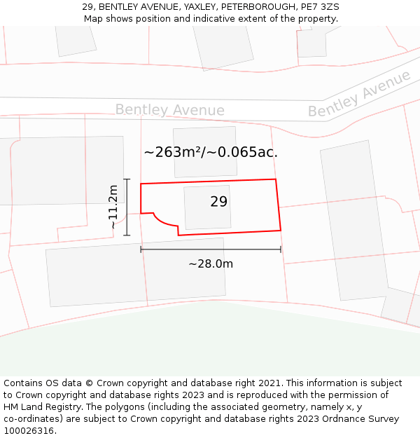 29, BENTLEY AVENUE, YAXLEY, PETERBOROUGH, PE7 3ZS: Plot and title map