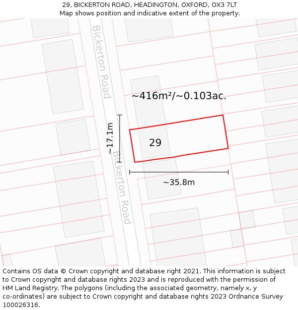 29, BICKERTON ROAD, HEADINGTON, OXFORD, OX3 7LT: Plot and title map