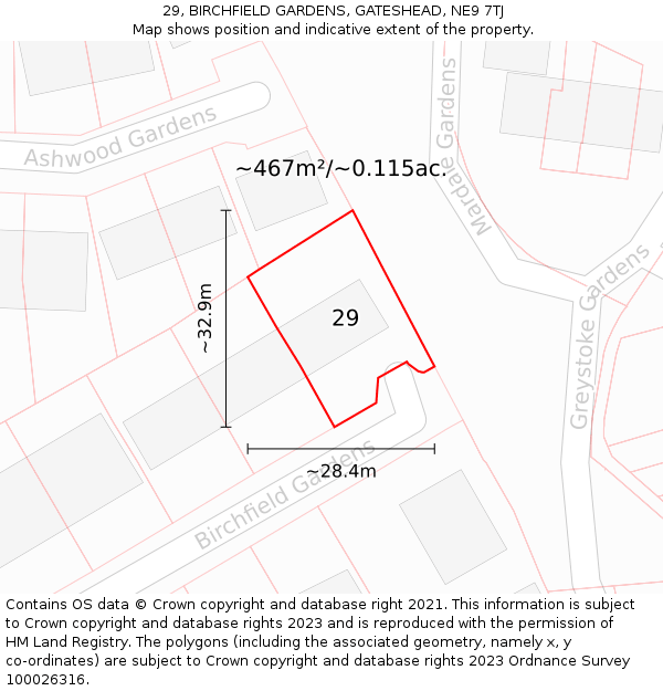 29, BIRCHFIELD GARDENS, GATESHEAD, NE9 7TJ: Plot and title map