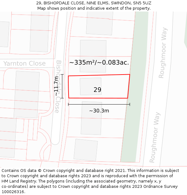 29, BISHOPDALE CLOSE, NINE ELMS, SWINDON, SN5 5UZ: Plot and title map