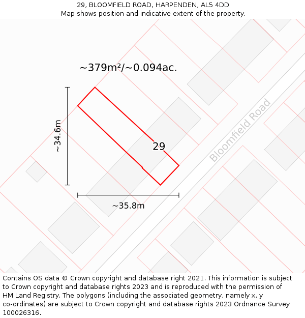 29, BLOOMFIELD ROAD, HARPENDEN, AL5 4DD: Plot and title map
