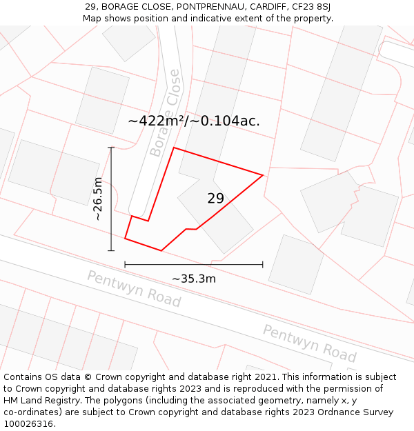 29, BORAGE CLOSE, PONTPRENNAU, CARDIFF, CF23 8SJ: Plot and title map