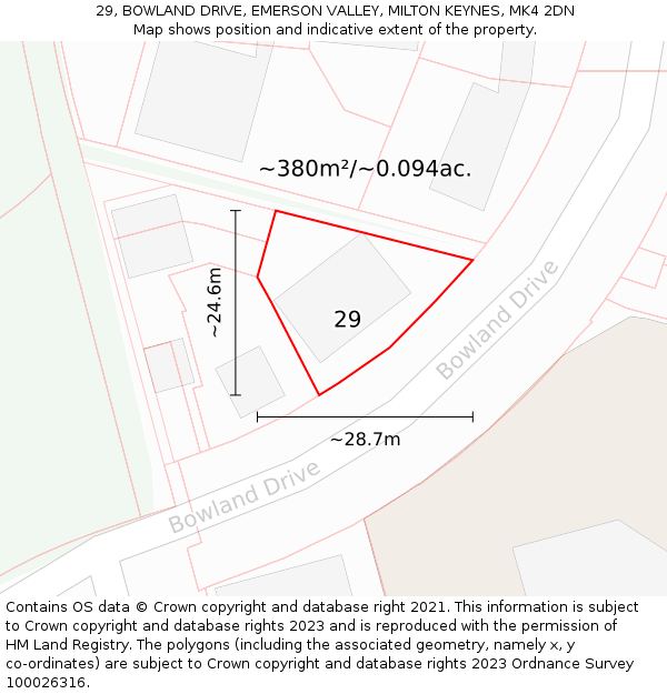 29, BOWLAND DRIVE, EMERSON VALLEY, MILTON KEYNES, MK4 2DN: Plot and title map