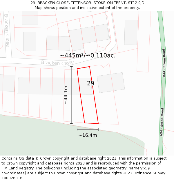 29, BRACKEN CLOSE, TITTENSOR, STOKE-ON-TRENT, ST12 9JD: Plot and title map