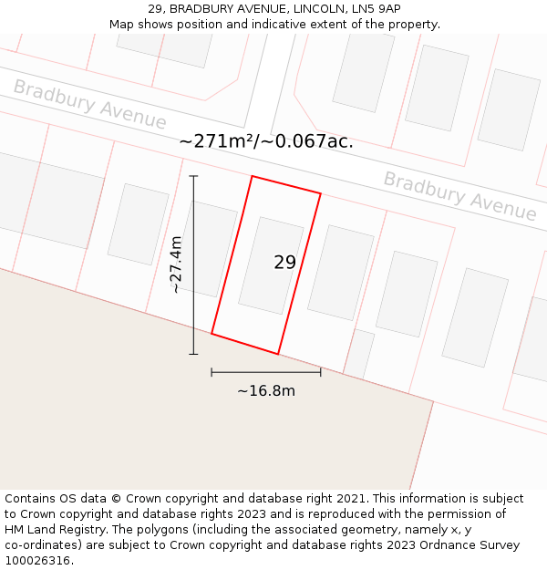 29, BRADBURY AVENUE, LINCOLN, LN5 9AP: Plot and title map