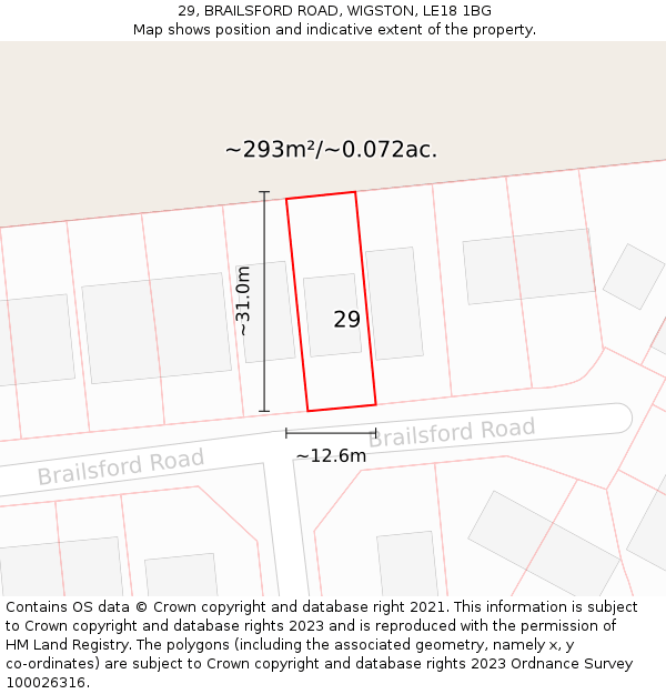 29, BRAILSFORD ROAD, WIGSTON, LE18 1BG: Plot and title map