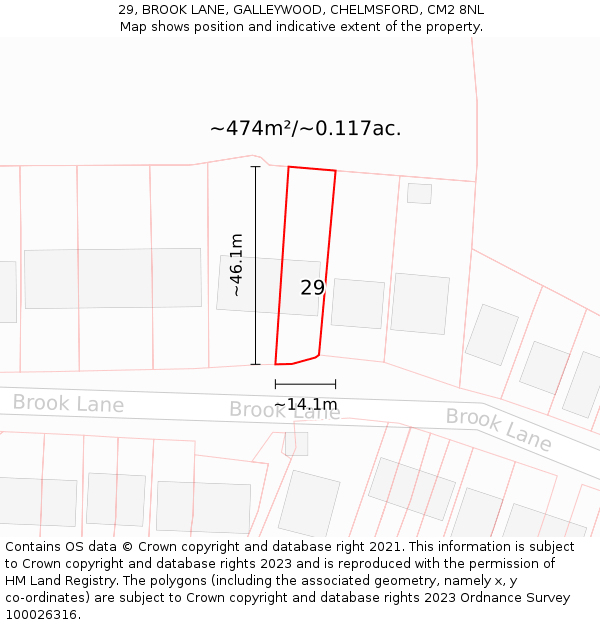 29, BROOK LANE, GALLEYWOOD, CHELMSFORD, CM2 8NL: Plot and title map