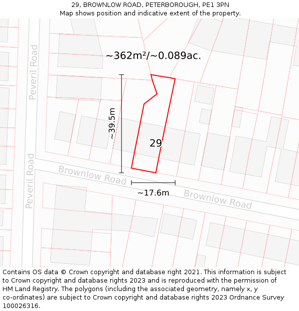 29, BROWNLOW ROAD, PETERBOROUGH, PE1 3PN: Plot and title map