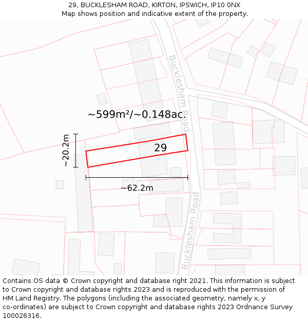 29, BUCKLESHAM ROAD, KIRTON, IPSWICH, IP10 0NX: Plot and title map