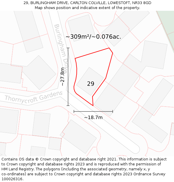 29, BURLINGHAM DRIVE, CARLTON COLVILLE, LOWESTOFT, NR33 8GD: Plot and title map