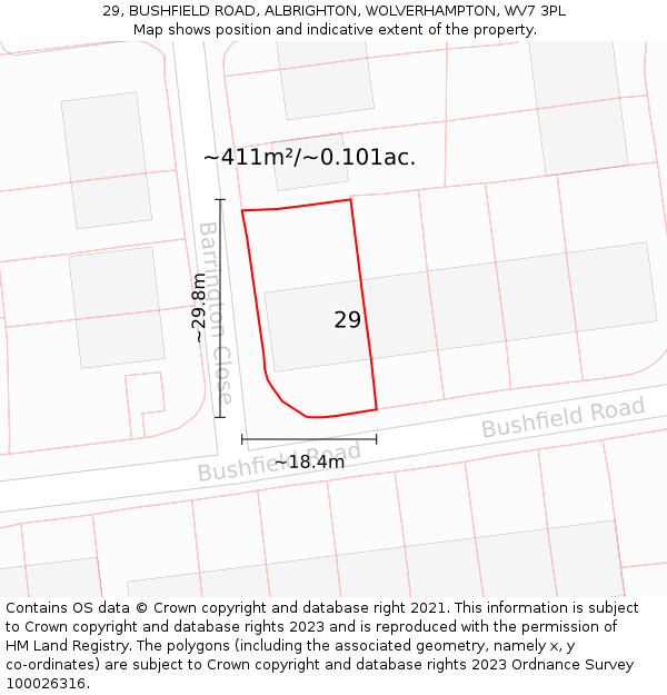 29, BUSHFIELD ROAD, ALBRIGHTON, WOLVERHAMPTON, WV7 3PL: Plot and title map