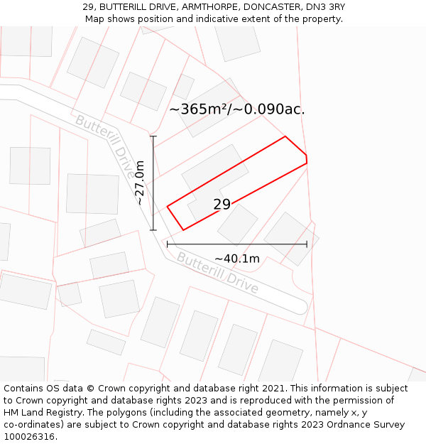 29, BUTTERILL DRIVE, ARMTHORPE, DONCASTER, DN3 3RY: Plot and title map