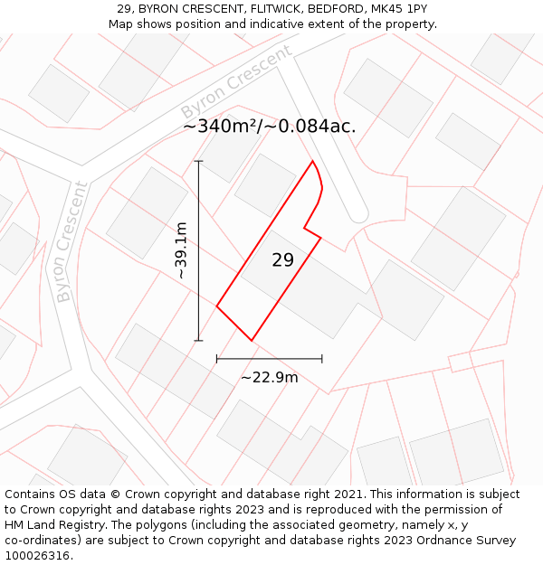 29, BYRON CRESCENT, FLITWICK, BEDFORD, MK45 1PY: Plot and title map