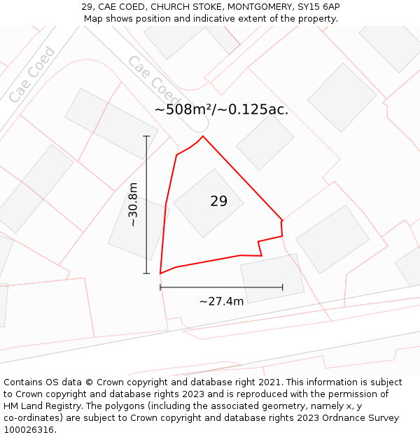 29, CAE COED, CHURCH STOKE, MONTGOMERY, SY15 6AP: Plot and title map