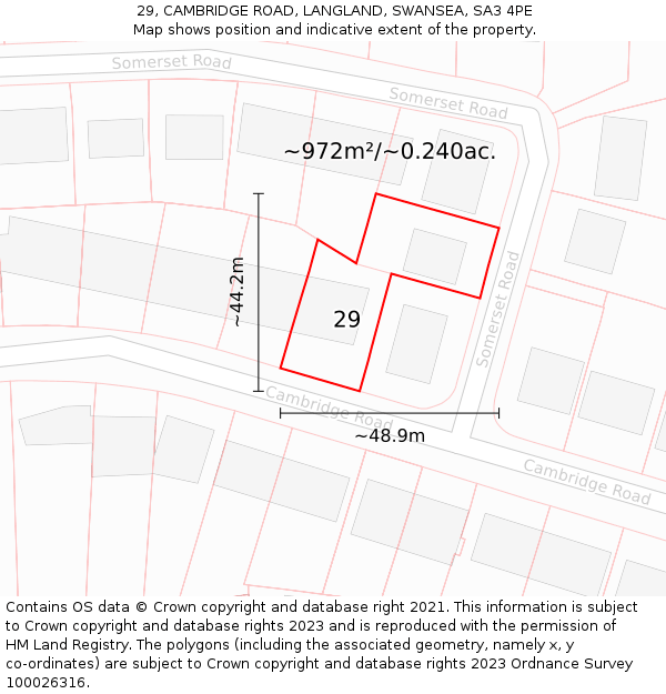 29, CAMBRIDGE ROAD, LANGLAND, SWANSEA, SA3 4PE: Plot and title map