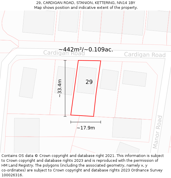 29, CARDIGAN ROAD, STANION, KETTERING, NN14 1BY: Plot and title map