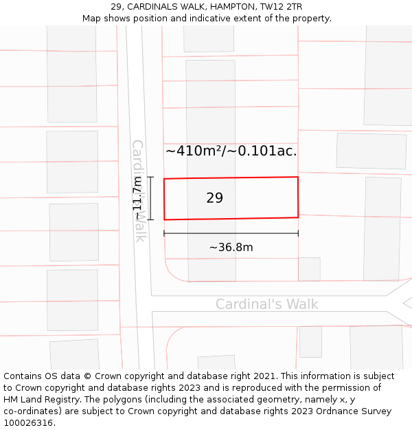 29, CARDINALS WALK, HAMPTON, TW12 2TR: Plot and title map