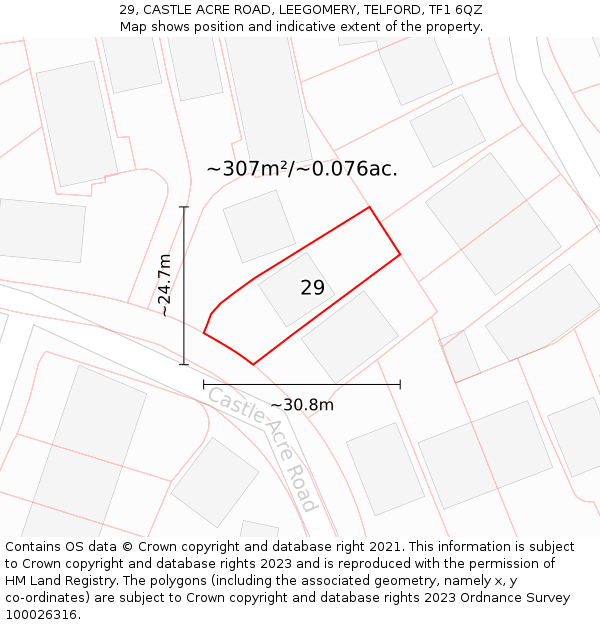 29, CASTLE ACRE ROAD, LEEGOMERY, TELFORD, TF1 6QZ: Plot and title map