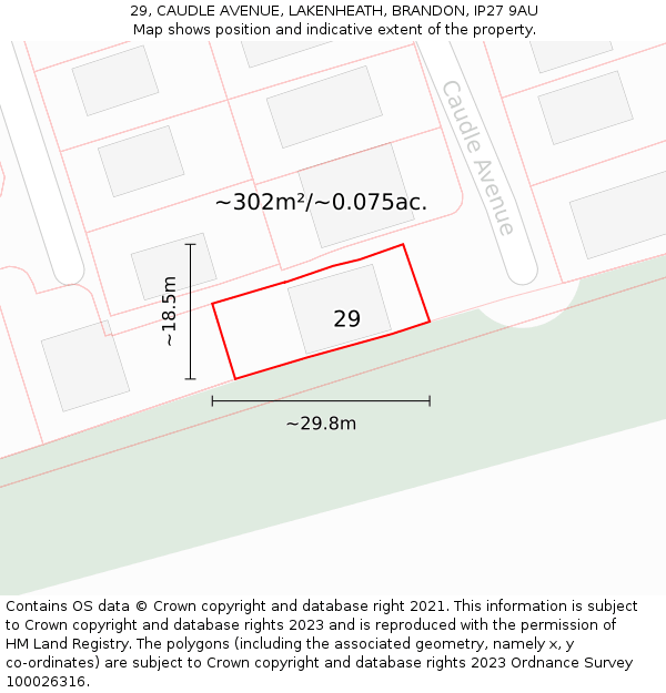 29, CAUDLE AVENUE, LAKENHEATH, BRANDON, IP27 9AU: Plot and title map