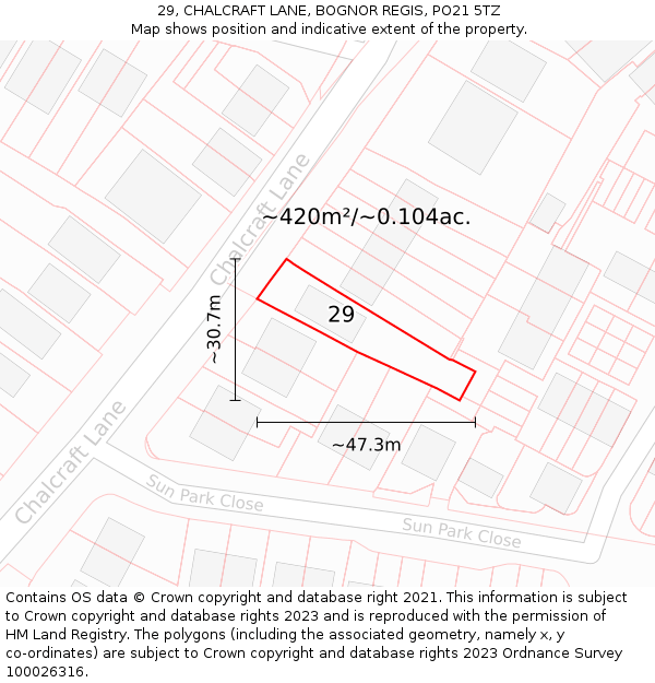 29, CHALCRAFT LANE, BOGNOR REGIS, PO21 5TZ: Plot and title map