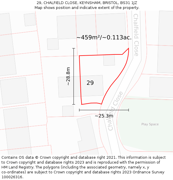 29, CHALFIELD CLOSE, KEYNSHAM, BRISTOL, BS31 1JZ: Plot and title map