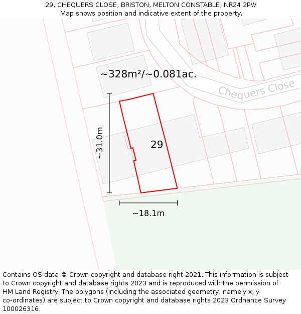 29, CHEQUERS CLOSE, BRISTON, MELTON CONSTABLE, NR24 2PW: Plot and title map