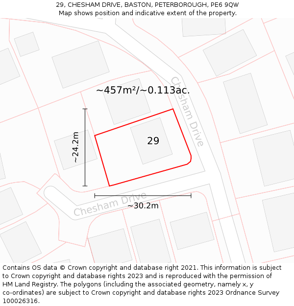 29, CHESHAM DRIVE, BASTON, PETERBOROUGH, PE6 9QW: Plot and title map