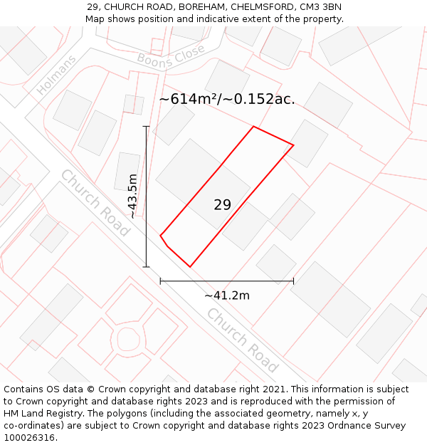 29, CHURCH ROAD, BOREHAM, CHELMSFORD, CM3 3BN: Plot and title map