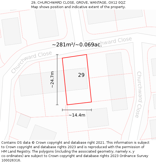 29, CHURCHWARD CLOSE, GROVE, WANTAGE, OX12 0QZ: Plot and title map