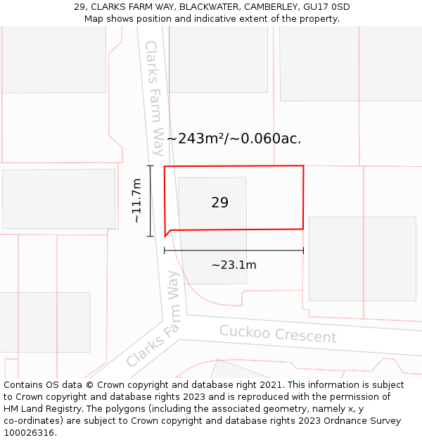 29, CLARKS FARM WAY, BLACKWATER, CAMBERLEY, GU17 0SD: Plot and title map