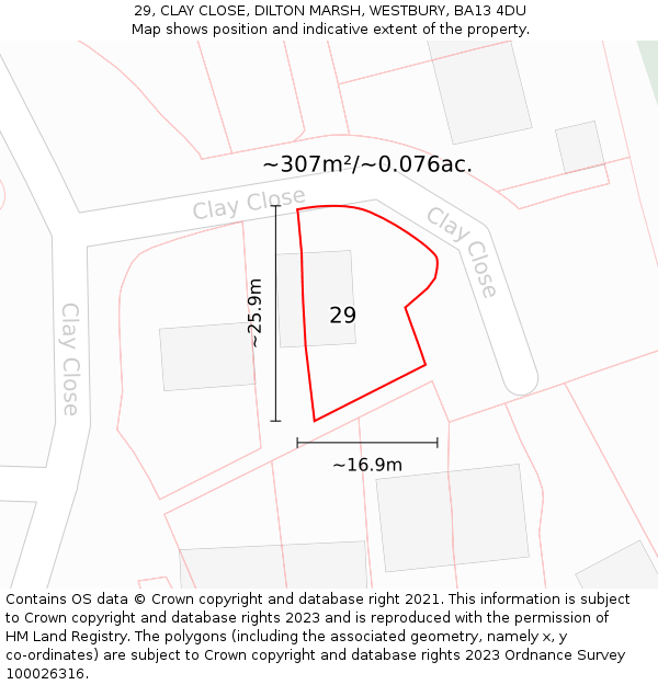 29, CLAY CLOSE, DILTON MARSH, WESTBURY, BA13 4DU: Plot and title map