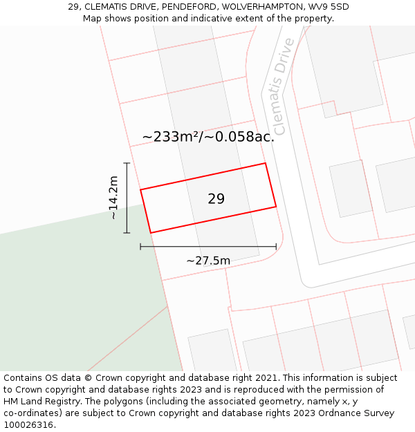 29, CLEMATIS DRIVE, PENDEFORD, WOLVERHAMPTON, WV9 5SD: Plot and title map