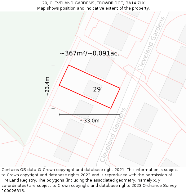 29, CLEVELAND GARDENS, TROWBRIDGE, BA14 7LX: Plot and title map