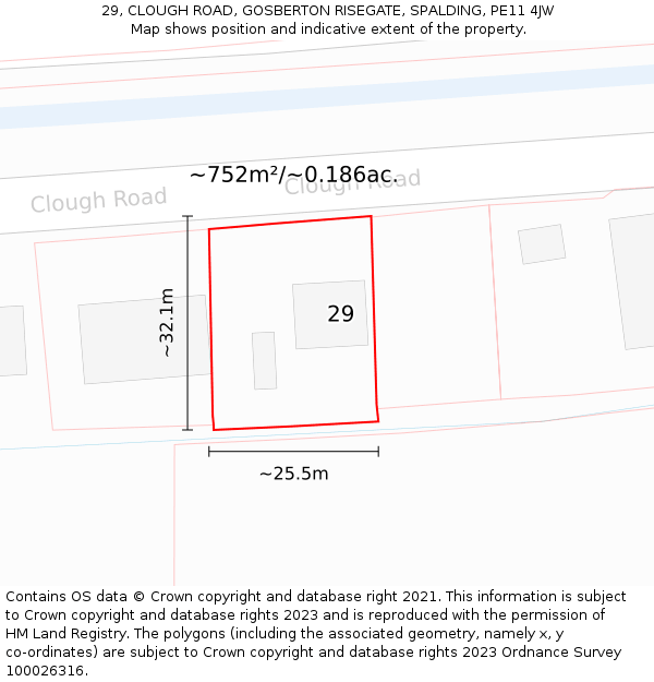 29, CLOUGH ROAD, GOSBERTON RISEGATE, SPALDING, PE11 4JW: Plot and title map