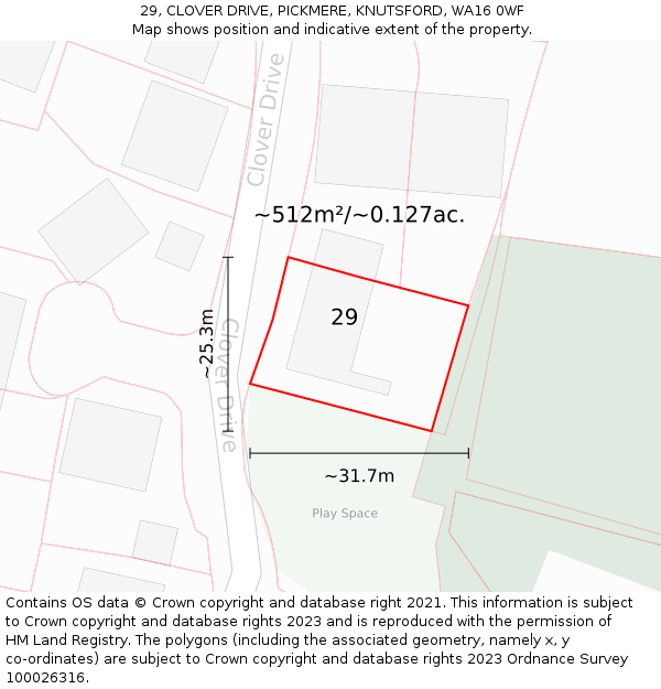 29, CLOVER DRIVE, PICKMERE, KNUTSFORD, WA16 0WF: Plot and title map