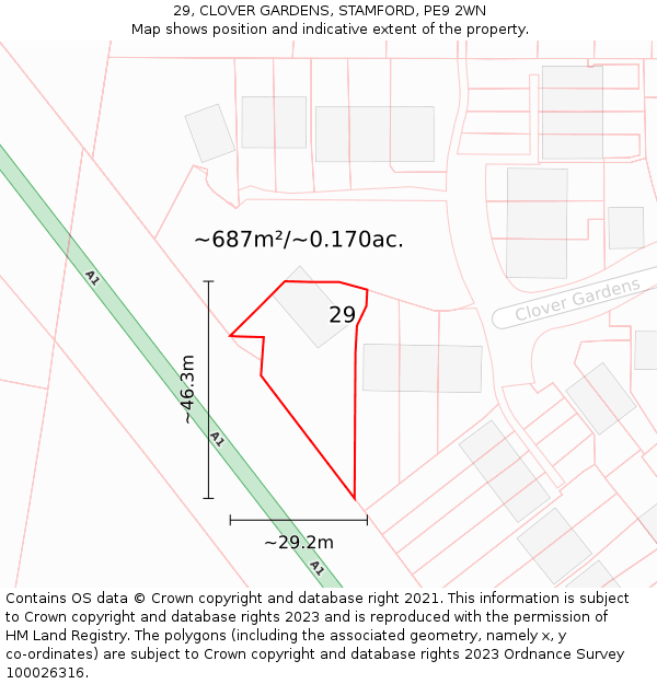 29, CLOVER GARDENS, STAMFORD, PE9 2WN: Plot and title map