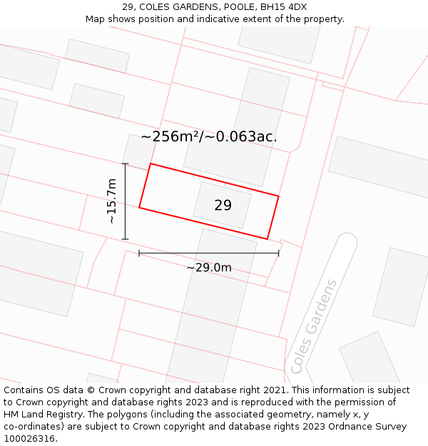 29, COLES GARDENS, POOLE, BH15 4DX: Plot and title map