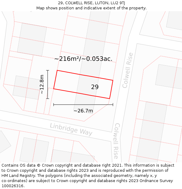 29, COLWELL RISE, LUTON, LU2 9TJ: Plot and title map