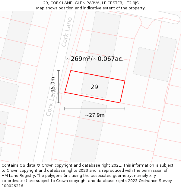 29, CORK LANE, GLEN PARVA, LEICESTER, LE2 9JS: Plot and title map