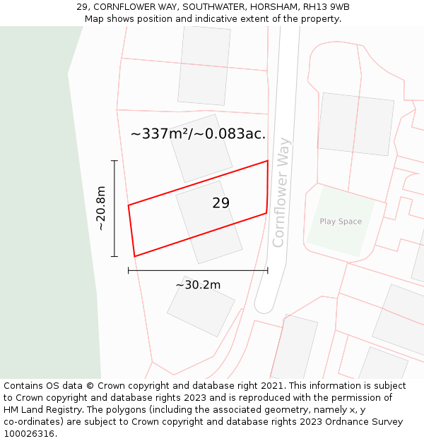 29, CORNFLOWER WAY, SOUTHWATER, HORSHAM, RH13 9WB: Plot and title map