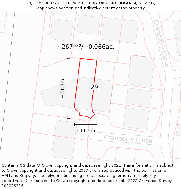 29, CRANBERRY CLOSE, WEST BRIDGFORD, NOTTINGHAM, NG2 7TQ: Plot and title map