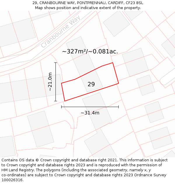 29, CRANBOURNE WAY, PONTPRENNAU, CARDIFF, CF23 8SL: Plot and title map