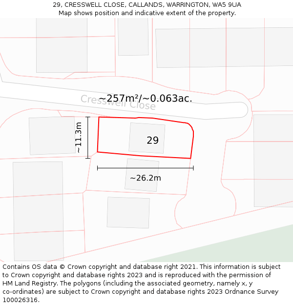 29, CRESSWELL CLOSE, CALLANDS, WARRINGTON, WA5 9UA: Plot and title map